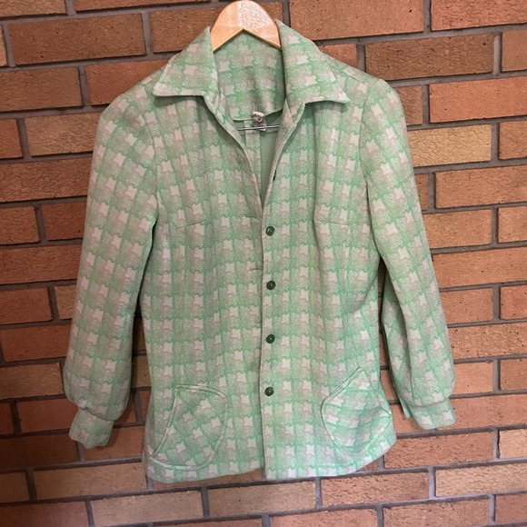 Vintage ILGWU Green and White Blazer Jacket Collared Long Sleeve 70s - Picture 1 of 3
